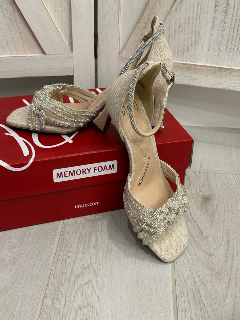 Impo Beaded Champagne Block Heel Sandals